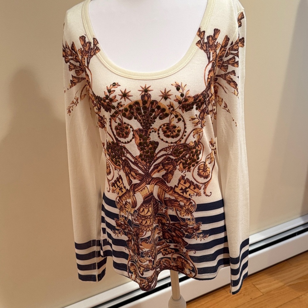 Cache Cream and Brown Long Sleeve Top